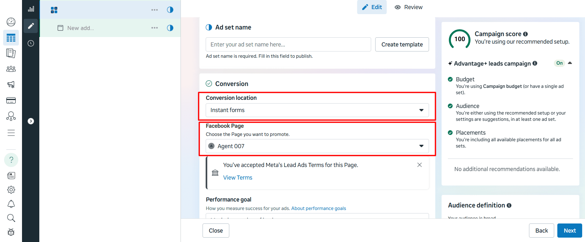 Facebook Ads Manager settings