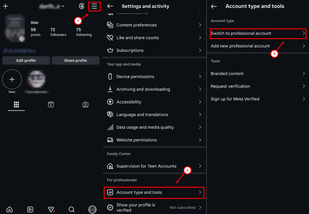 Instagram pro account settings
