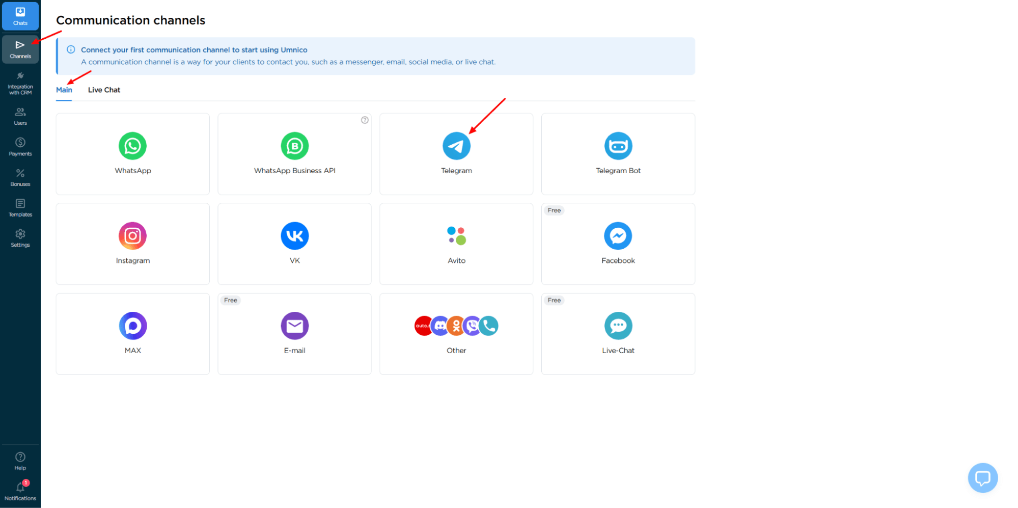 Connecting Telegram to Umnico