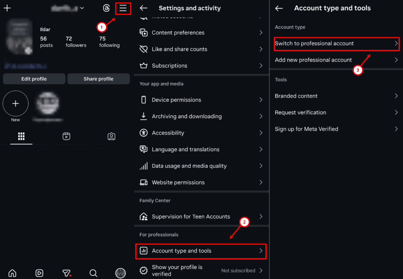 Switching to business account on Instagram