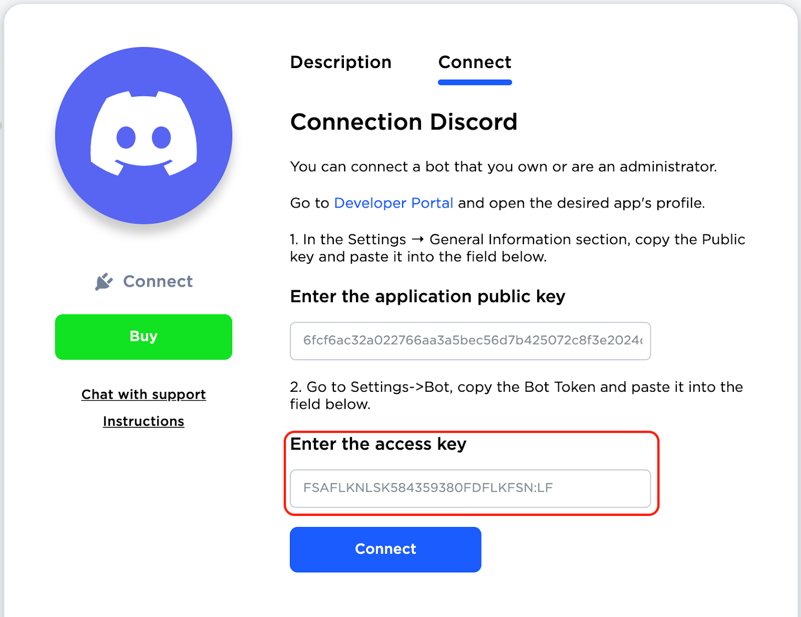 Conexão do Discord - entrada da chave de acesso