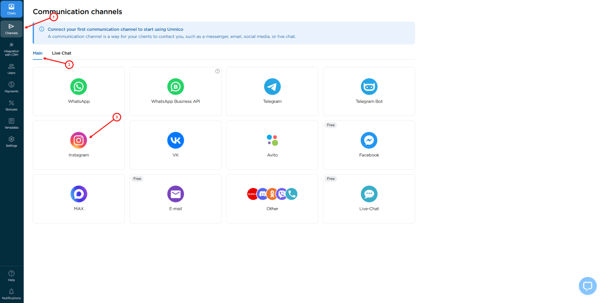 Selecting Instagram integration in Umnico