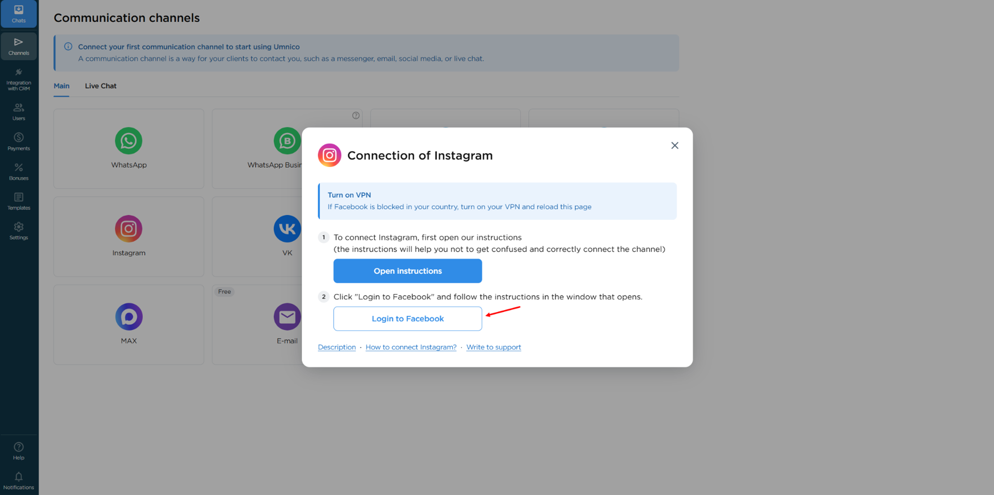 Instagram connection window