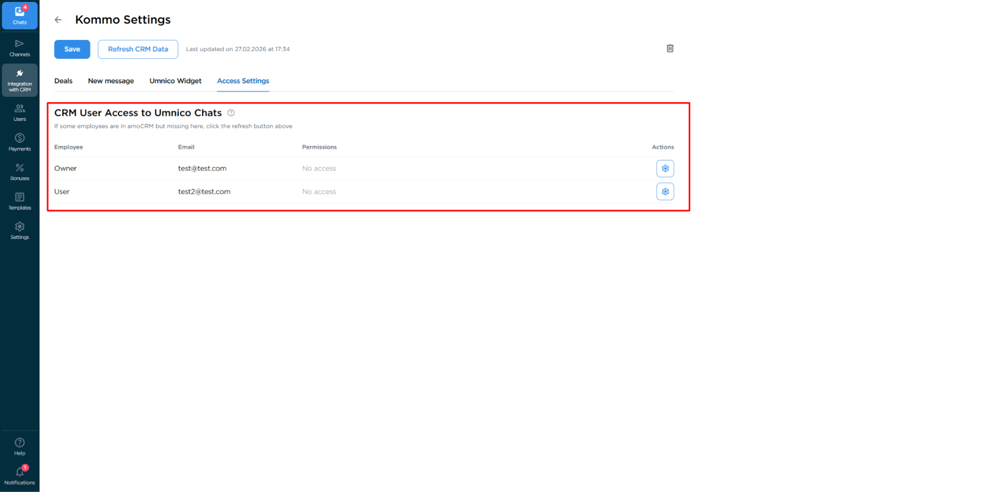 access settings in Kommo