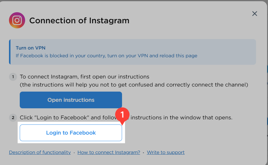 Instagram connection window