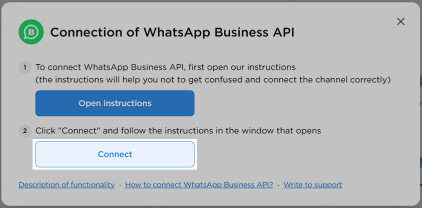 WhatsApp Business API connection window