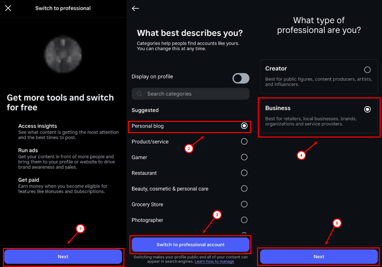 Select a professional account type