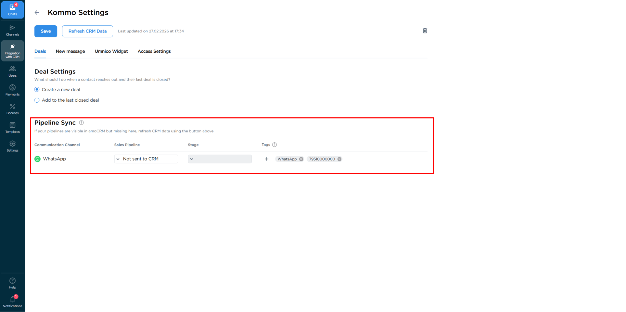 Kommo pipeline synchronization settings