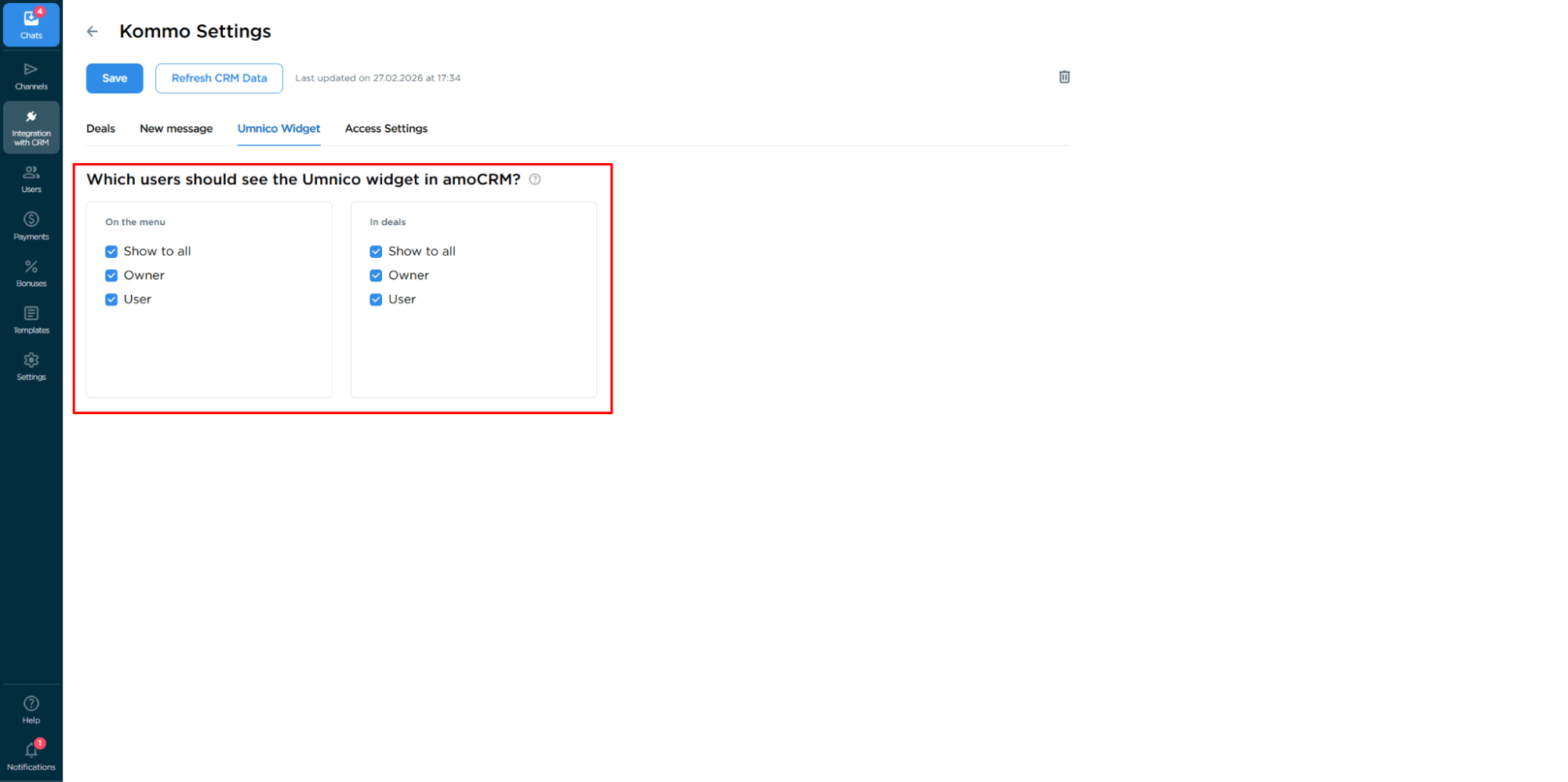 Umnico widget settings in Kommo