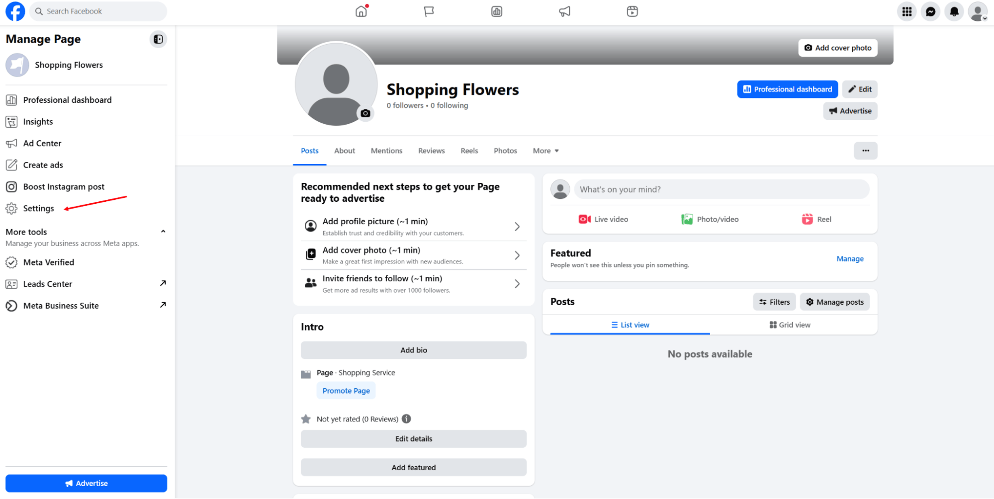 Facebook business page settings