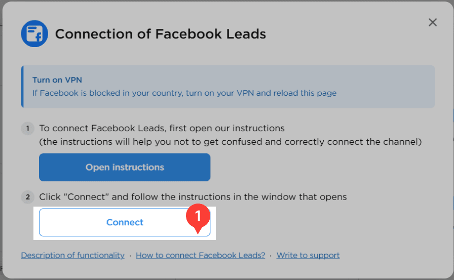 Facebook Leads connection window
