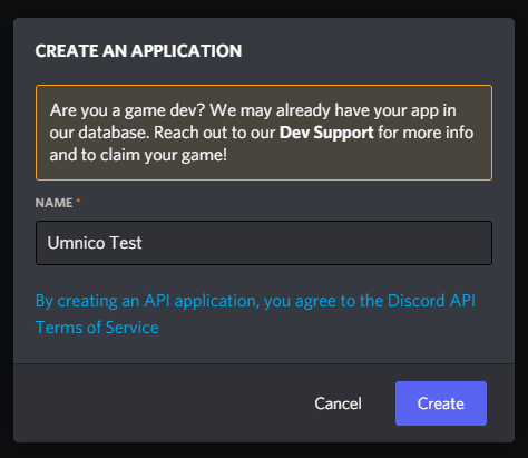 Configurando um nome para um novo aplicativo no Discord