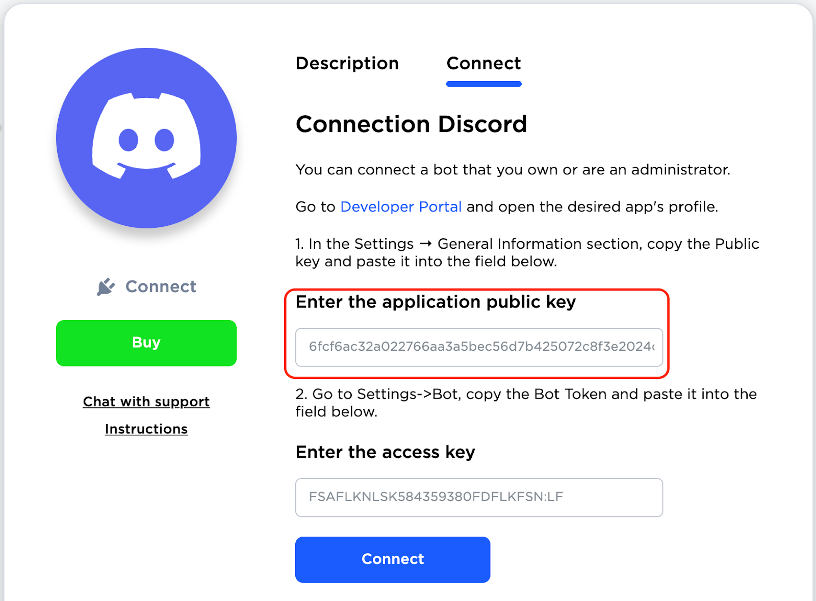 Conexão do Discord - entrada de chave pública