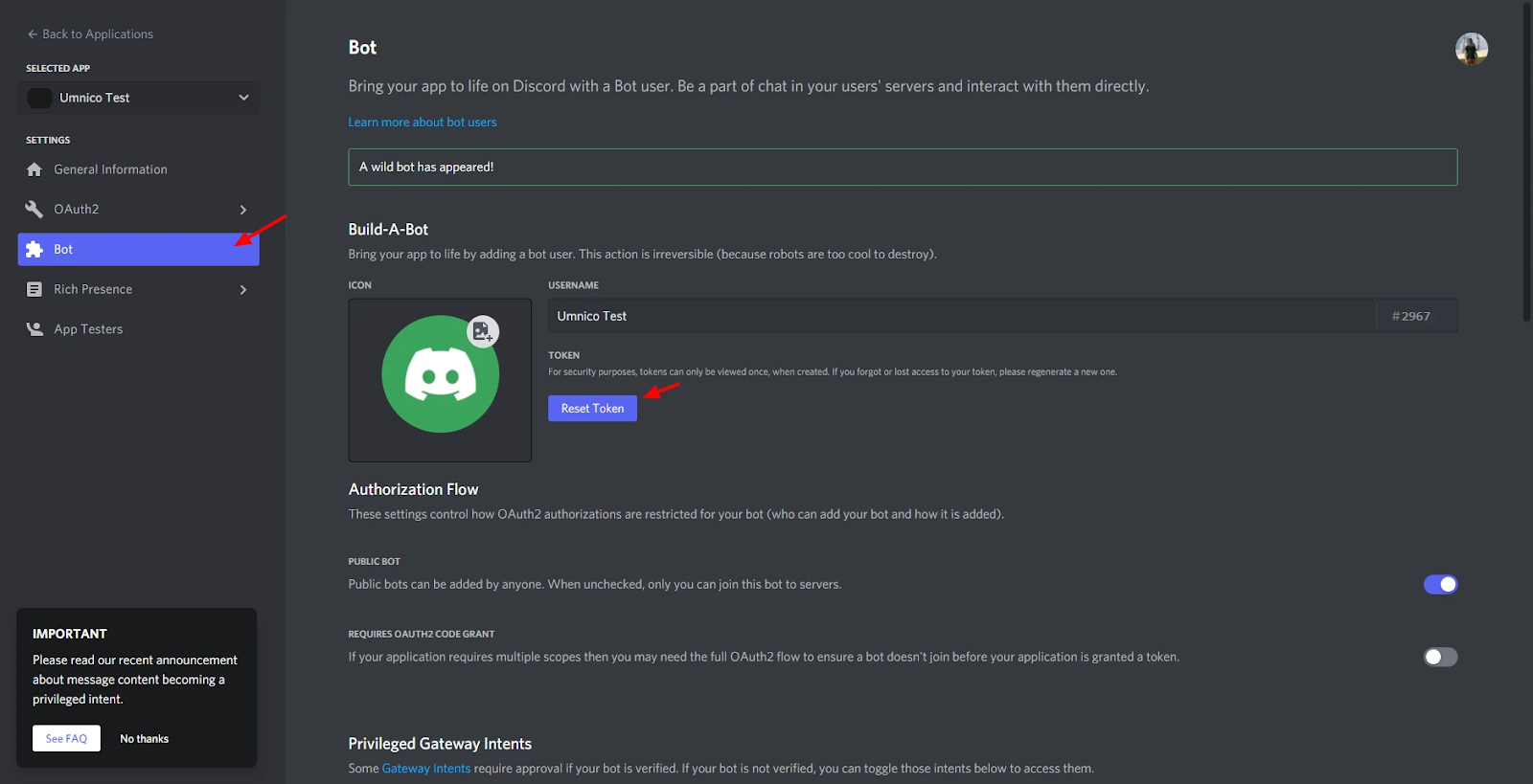 Redefinindo as configurações de token no Discord