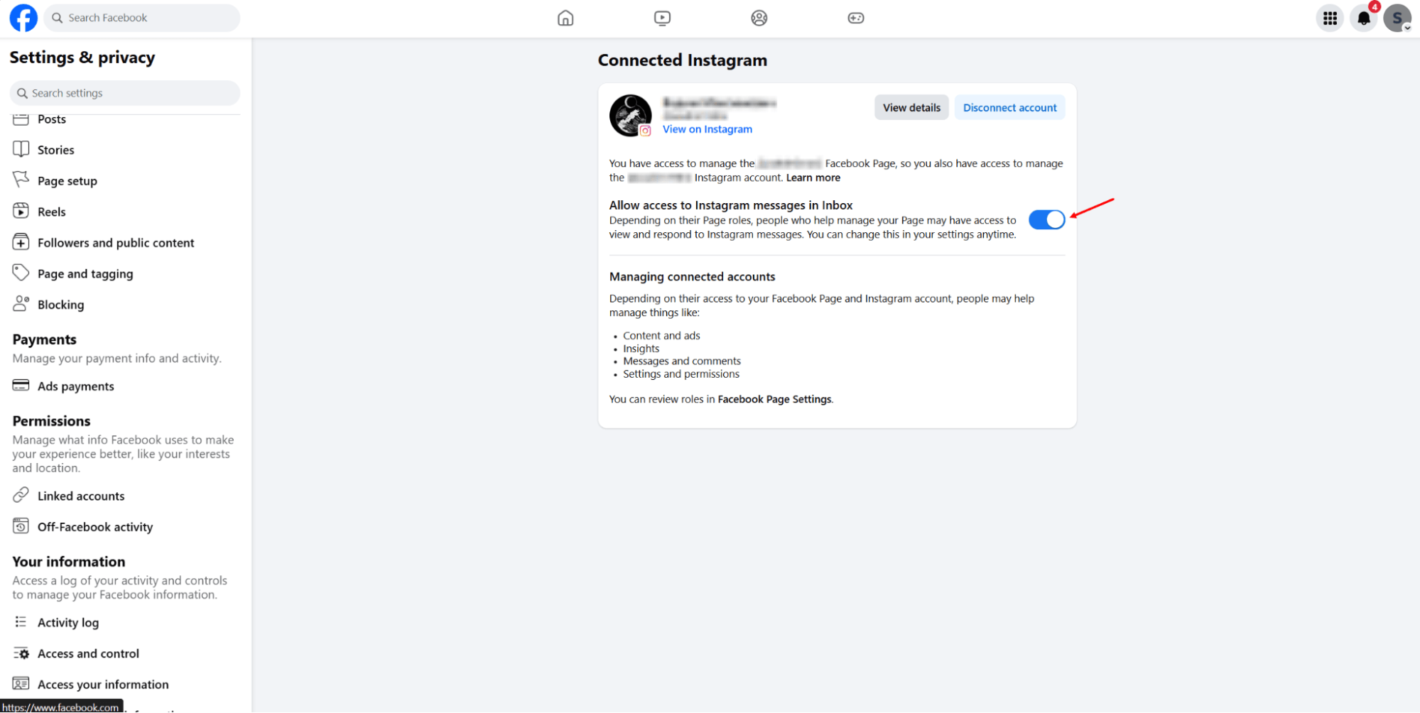 connecting Instagram account to Facebook page