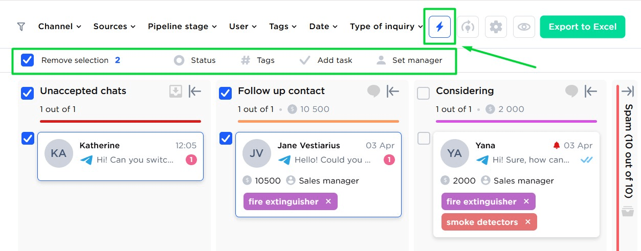 Bulk Actions icon and options