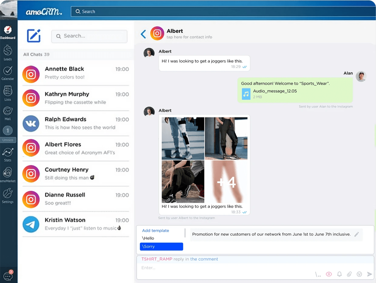 Instagram in amoCRM, Umnico Widget