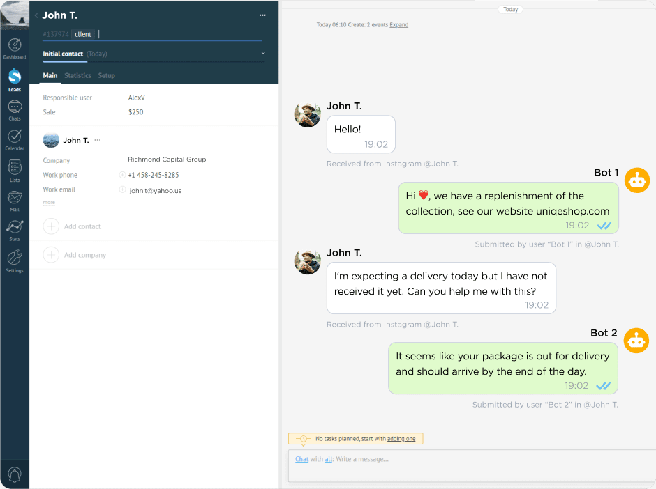An automatic welcome message to greet new clients and a chatbot in action