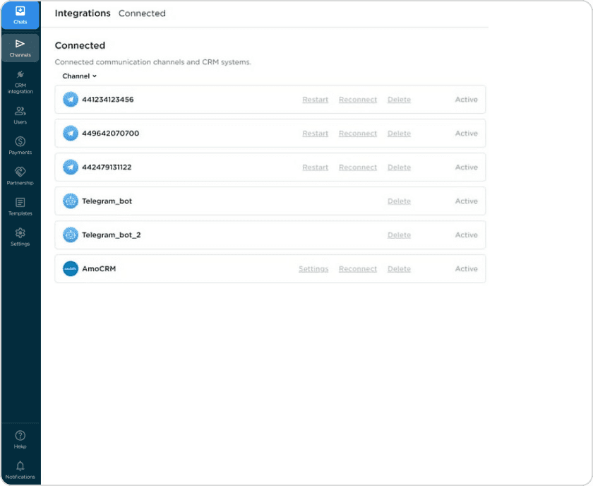 Several Telegram accounts in amoCRM