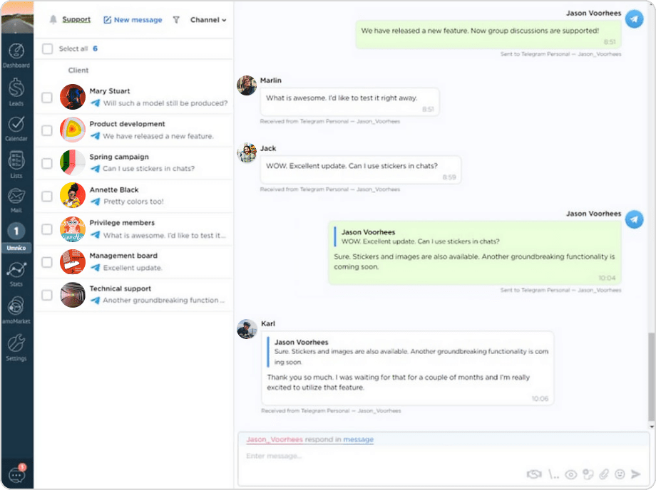 Group chats in Telegram integrated with amoCRM