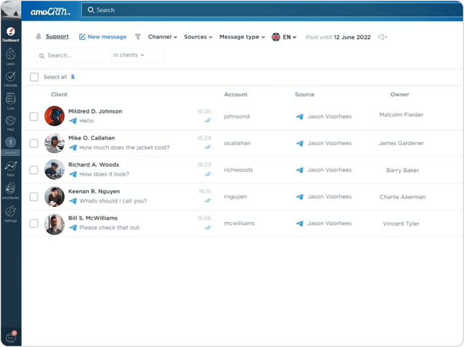 Telegram chats monitoring in amoCRM