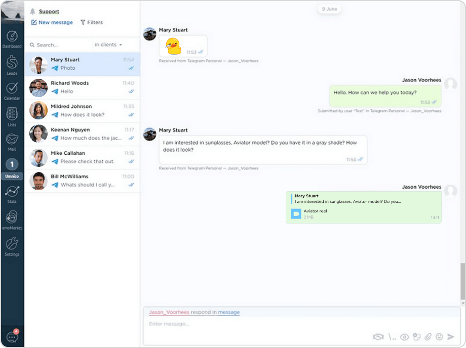 Text, images, audio and files sharing with Telegram and amoCRM