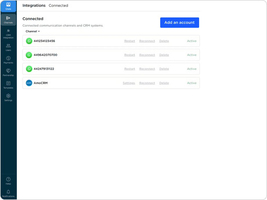 Several WhatsApp accounts connected with amoCRM