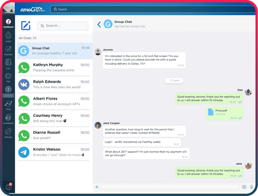 WhatsApp group chats in amoCRM