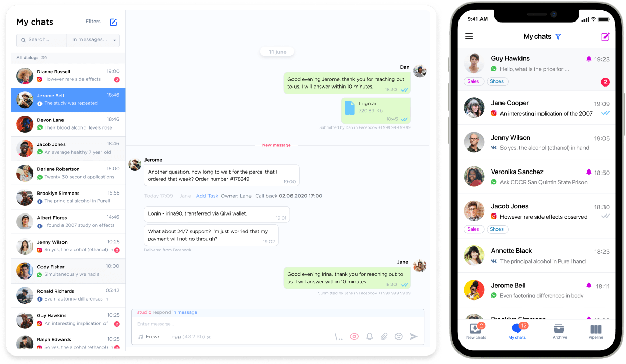 Umnico Inbox appearance on desktop and mobile devices