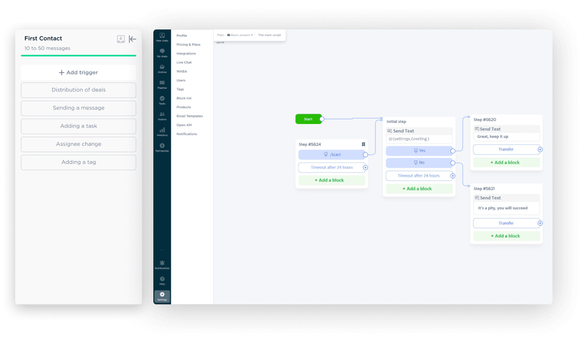Communication automation settings & chatbot builder in Umnico