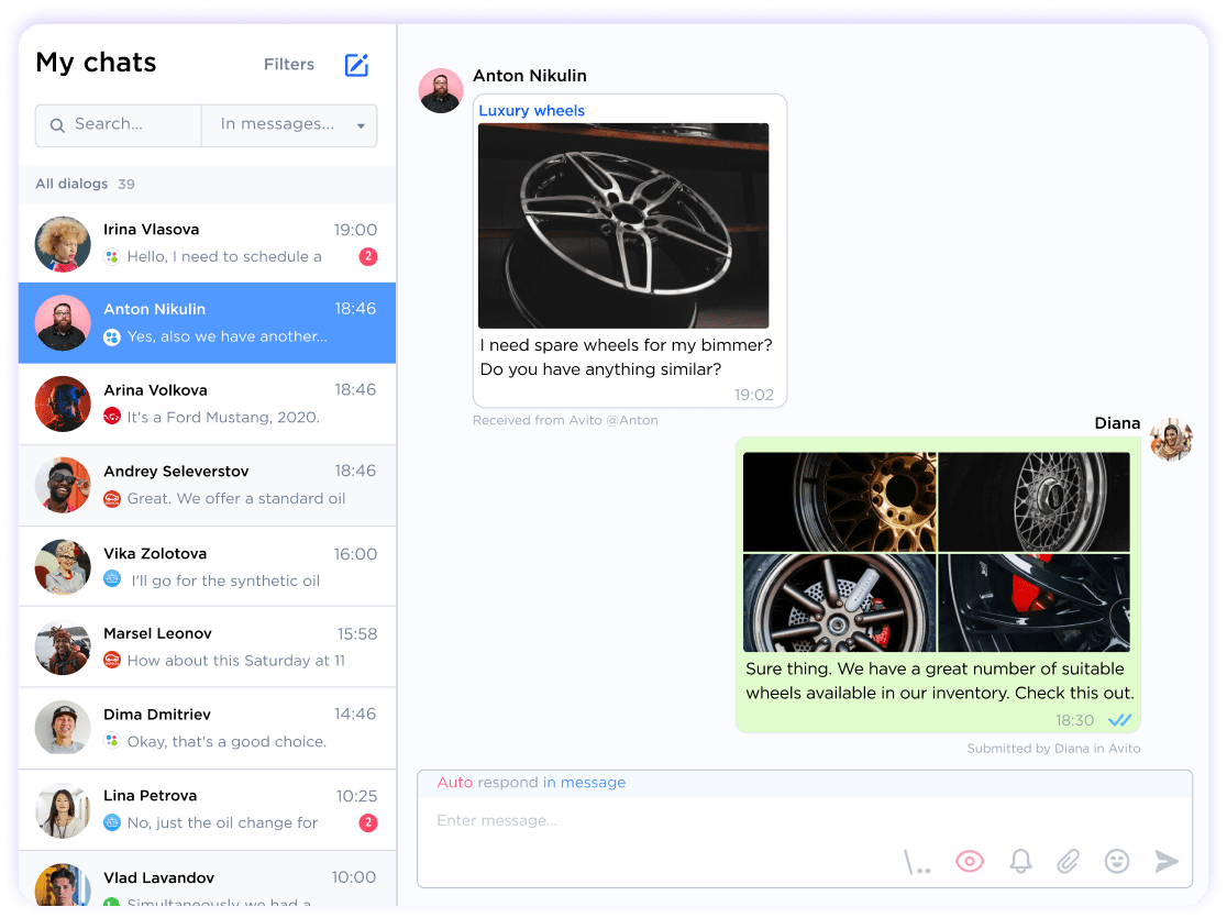 Several chats from multiple automotive accounts and messengers in one application