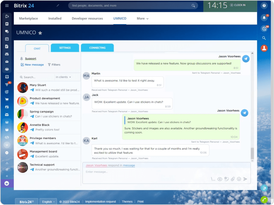 Group chats in Telegram integrated with Bitrix24 CRM