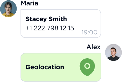 Messages with contacts and geolocation