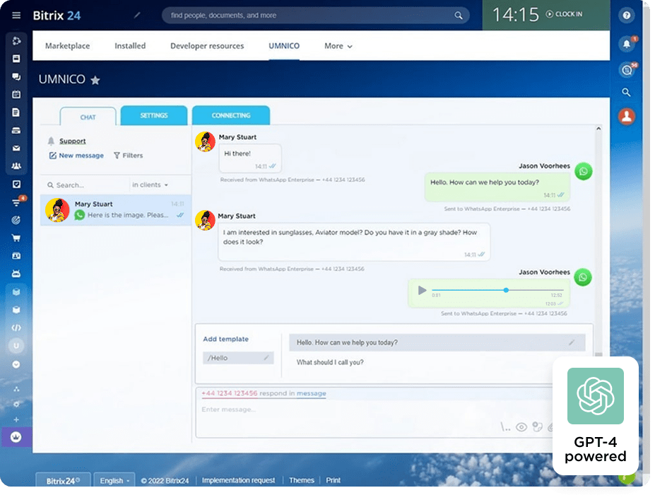 Text, images, audio and files sharing with WhatsApp and Bitrix24 CRM + GPT-empowered chatbot