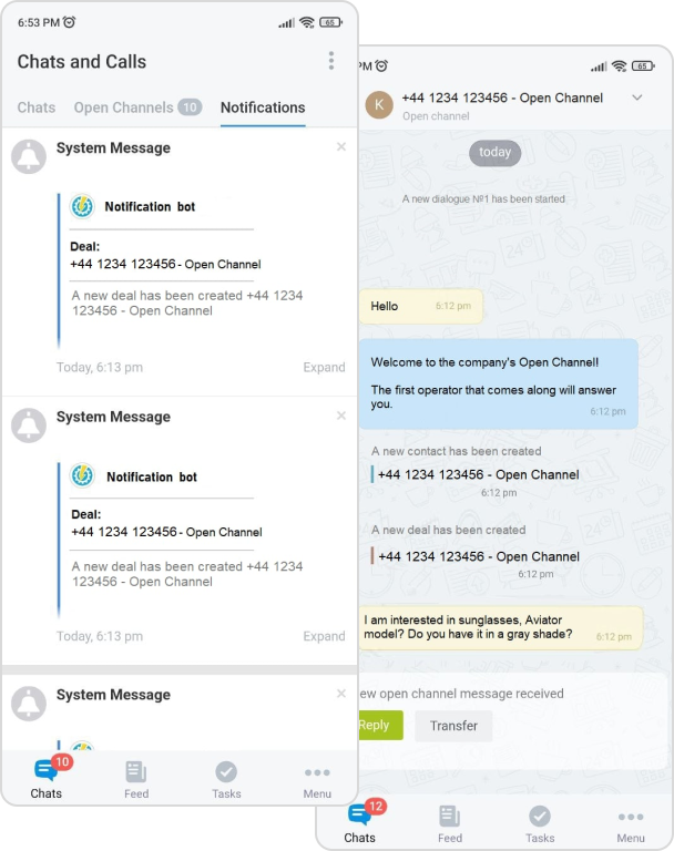 WhatsApp chat with clients in Bitrix24 mobile application