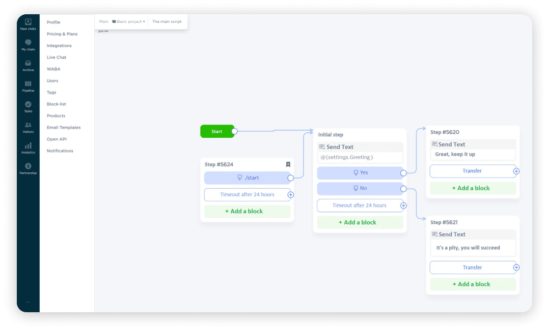 Umnico Chatbot Builder interface: building an Ai-empowered chatbot with buttons
