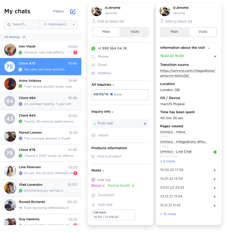 Customer data in Umnico CRM