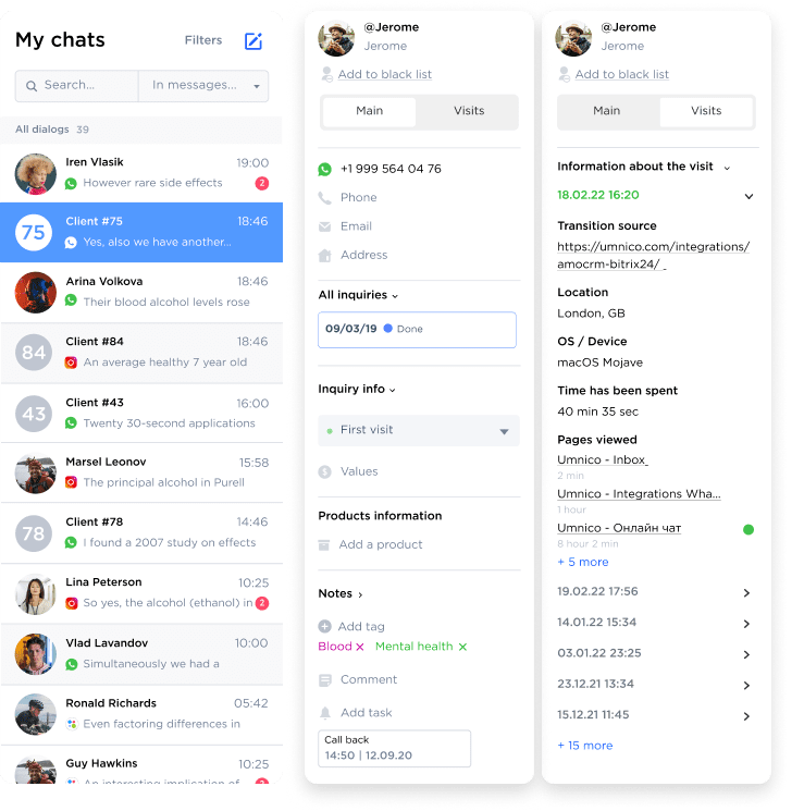 Customer data in Umnico CRM
