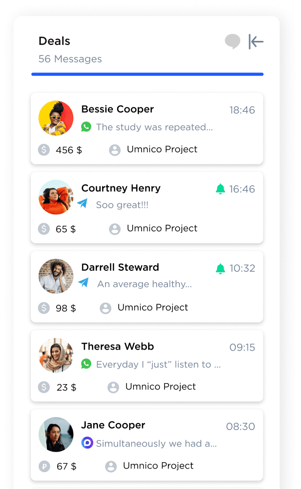 Deal cards in Umnico Social CRM