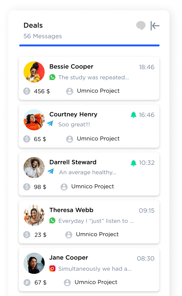 Deal cards in Umnico Social CRM