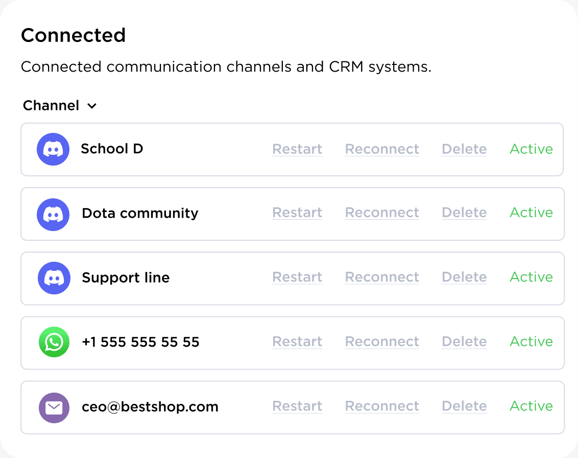 Multiple Discord accounts connected to Umnico