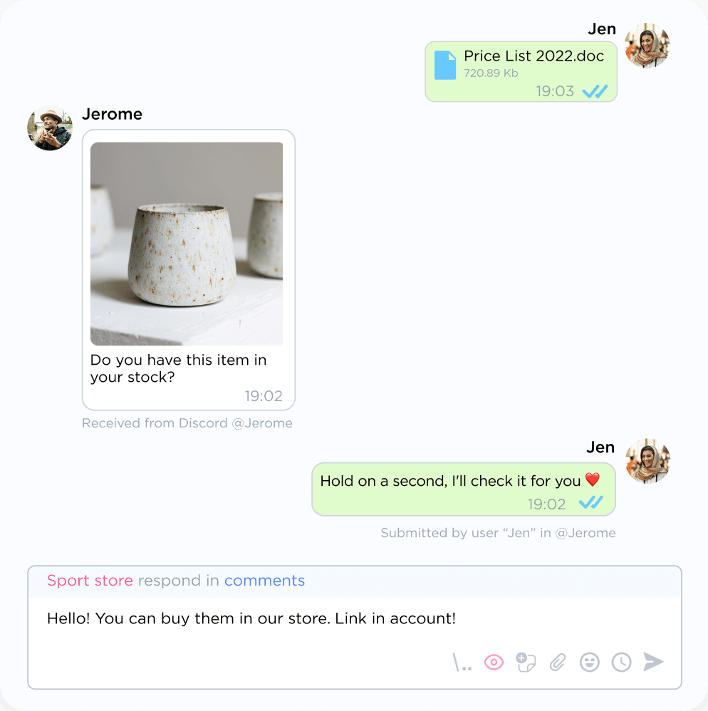 Texting and files exchanging via Discord in Umnico