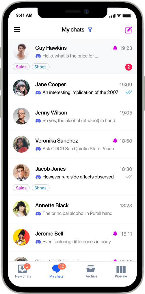 Discord chats on mobile in Umnico app