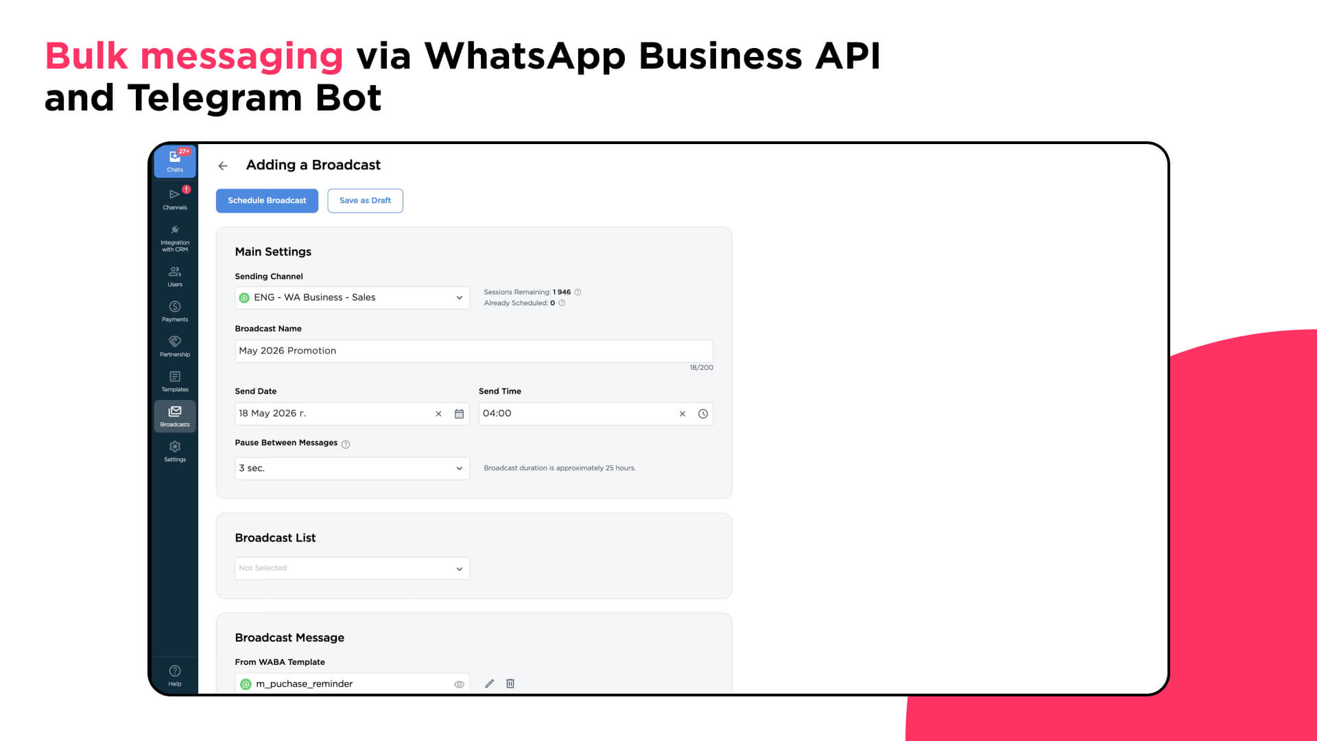 Bulk messaging via WhatsApp Business API and Telegram Bot