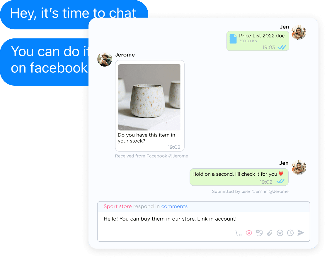 Texting and files exchanging via Facebook in Umnico