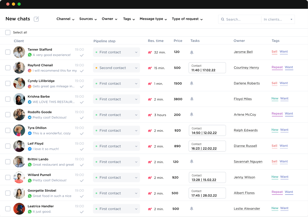 Multiple chats from several social media and messengers in one application