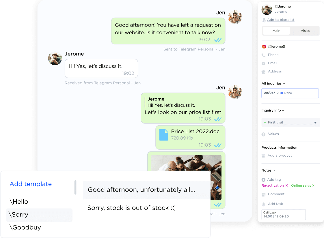 Store customer contacts in CRM and chat as you are on Instagram