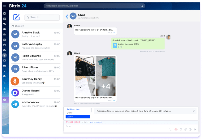 VK chats inside Bitrix24 CRM + message templates 