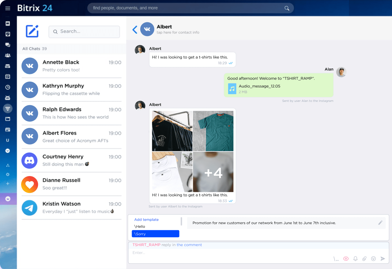 VK chats inside Bitrix24 CRM + message templates 