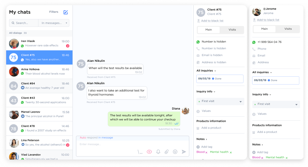 Chat records and client cards in Umnico